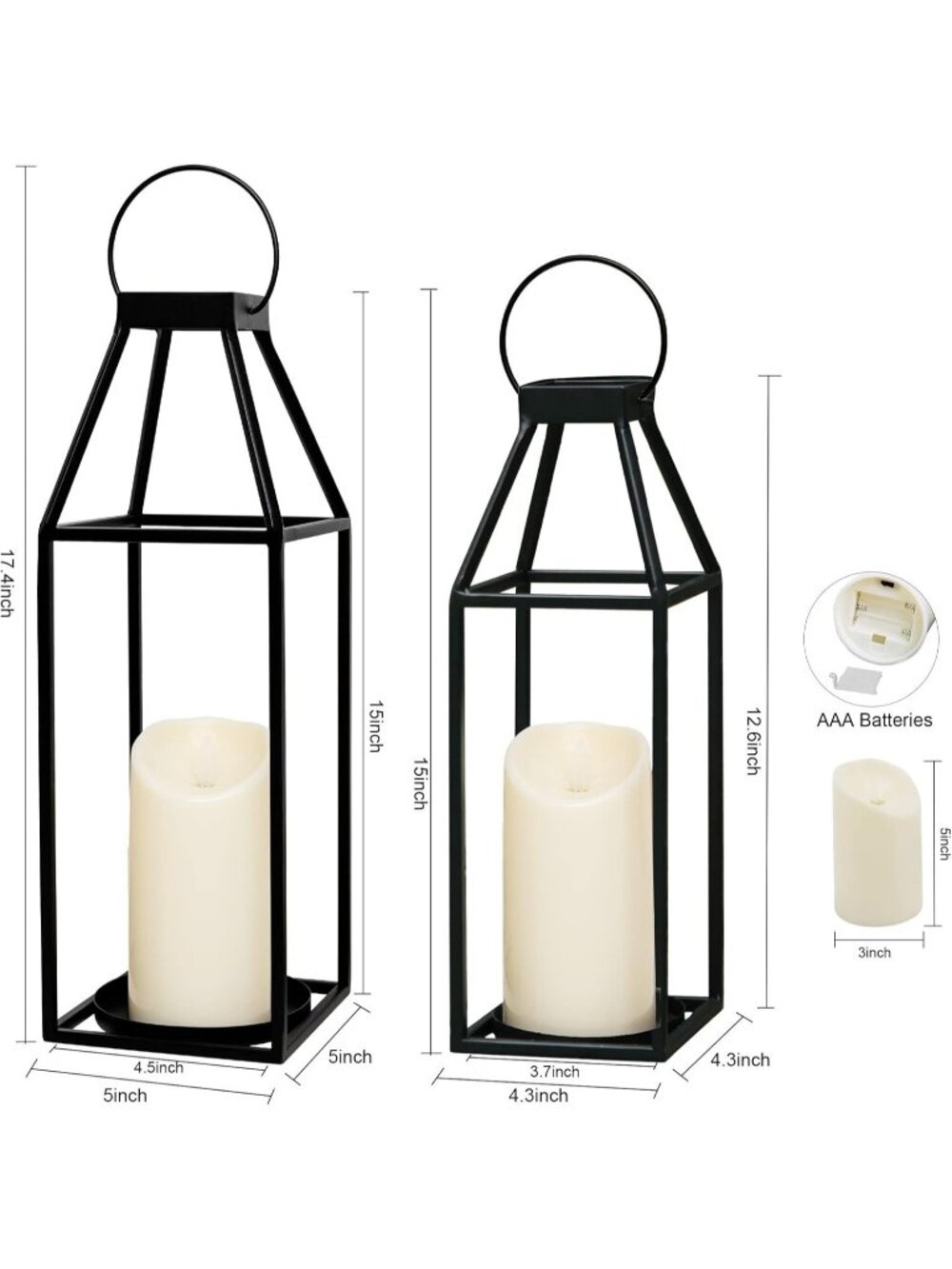 New Set of 2 Black Metal Farmhouse Lanterns with Timer LED Candles 17.4 15 Inch - Picture 5 of 7